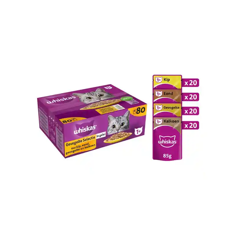 Whiskas Kattenvoer Adult Gevogelte Selectie in Gelei 80x85gr
