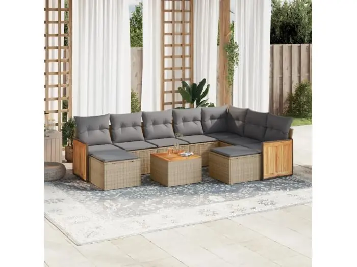 10-delige Loungeset met kussens poly rattan beige