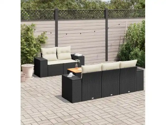 6-delige Loungeset met kussens poly rattan zwart