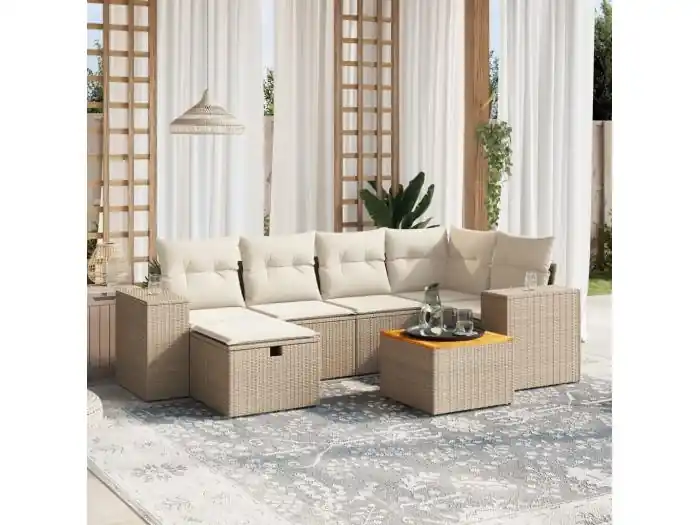 7-delige Loungeset met kussens poly rattan beige