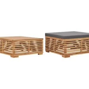 Tuintafel en voetensteun met donkergrijs kussen teakhout