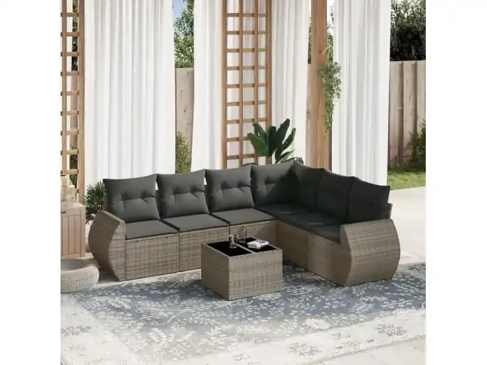 7-delige Loungeset met kussens poly rattan grijs