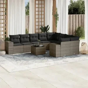 10-delige Loungeset met kussens poly rattan grijs