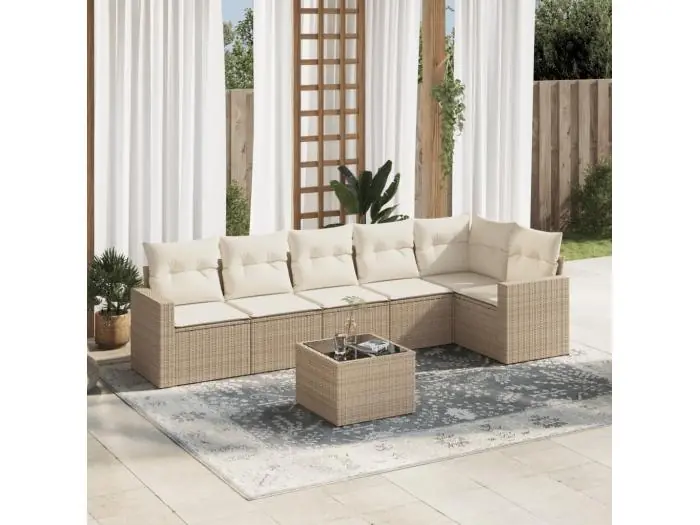 7-delige Loungeset met kussens poly rattan beige