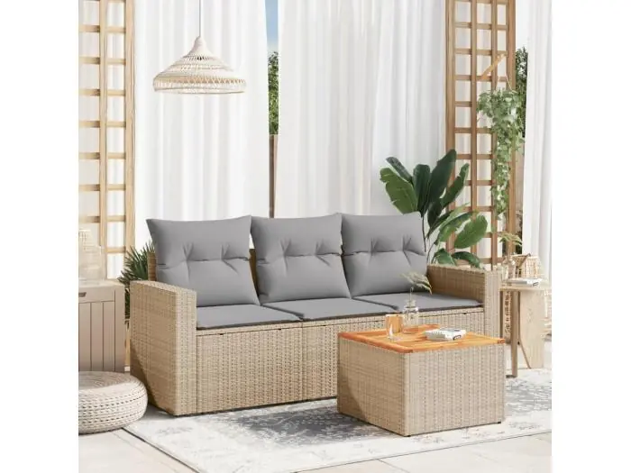 4-delige Loungeset met kussens poly rattan gemengd beige