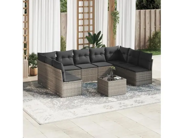 10-delige Loungeset met kussens poly rattan grijs