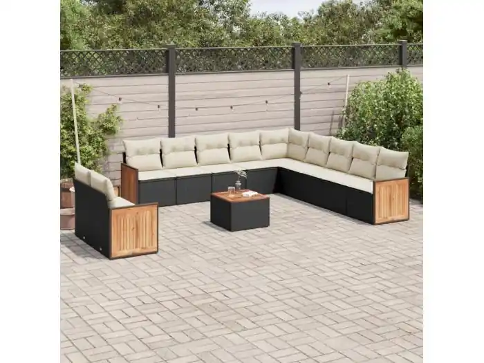 12-delige Loungeset met kussens poly rattan zwart