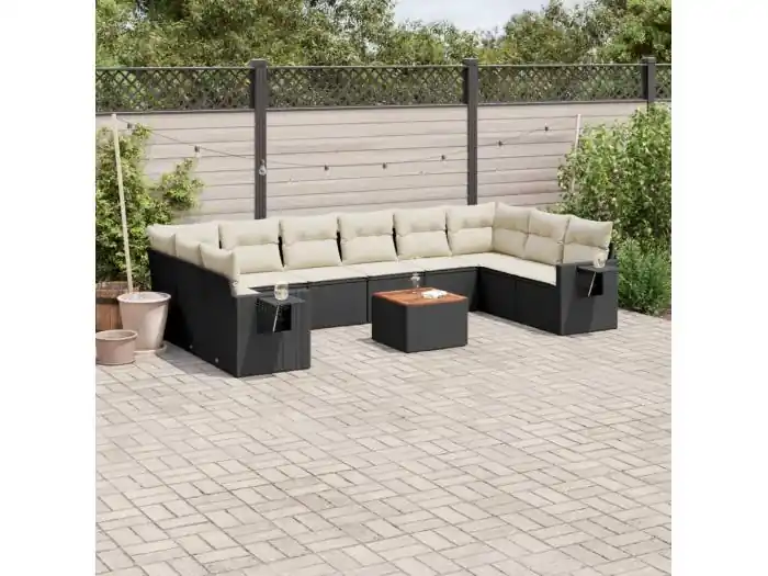 11-delige Loungeset met kussens poly rattan zwart