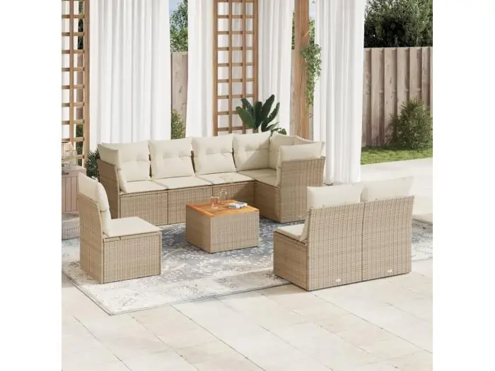 9-delige Loungeset met kussens poly rattan beige