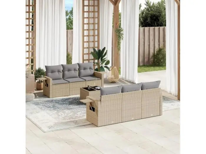 7-delige Loungeset met kussens poly rattan beige