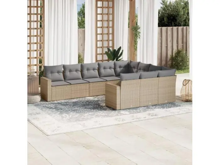 10-delige Loungeset met kussens poly rattan beige