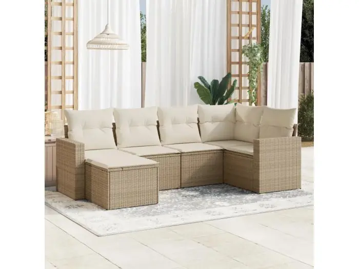 6-delige Loungeset met kussens poly rattan beige