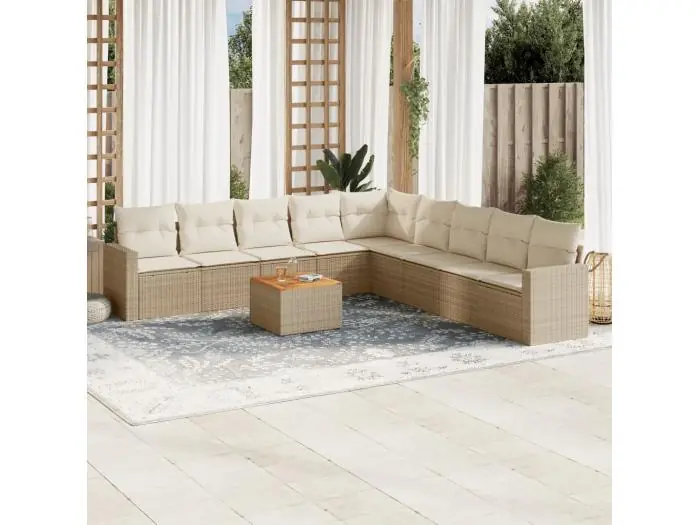 10-delige Loungeset met kussens poly rattan beige
