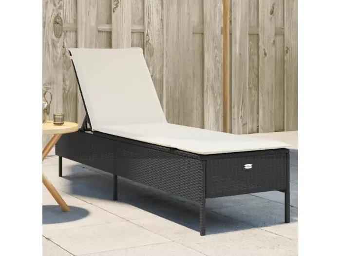 Ligbed met kussen poly rattan zwart