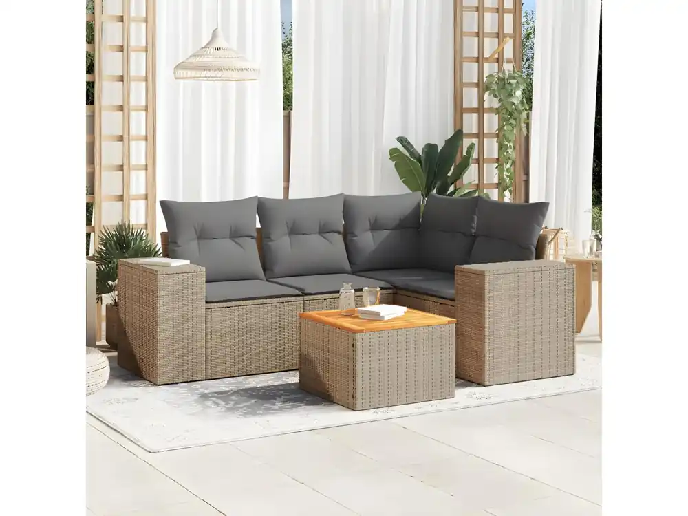 5-delige Loungeset met kussens poly rattan beige