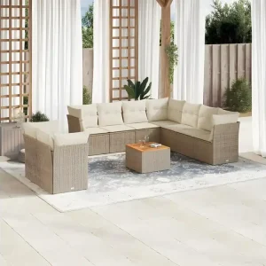 10-delige Loungeset met kussens poly rattan beige