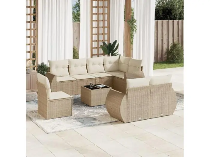 9-delige Loungeset met kussens poly rattan beige