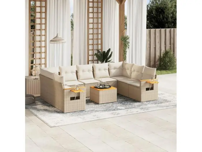 10-delige Loungeset met kussens poly rattan beige