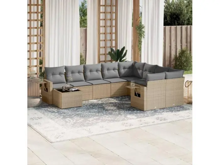 10-delige Loungeset met kussens poly rattan beige