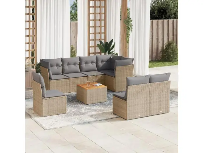 9-delige Loungeset met kussens poly rattan gemengd beige