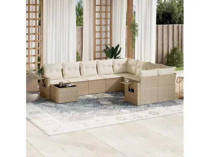 10-delige Loungeset met kussens poly rattan beige