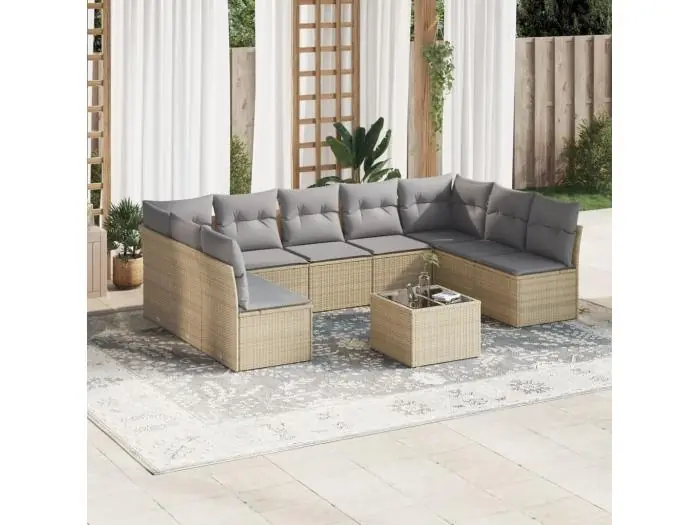 10-delige Loungeset met kussens poly rattan beige