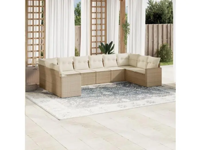 10-delige Loungeset met kussens poly rattan beige