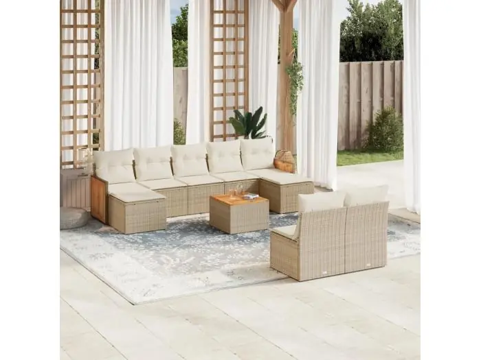 10-delige Loungeset met kussens poly rattan beige