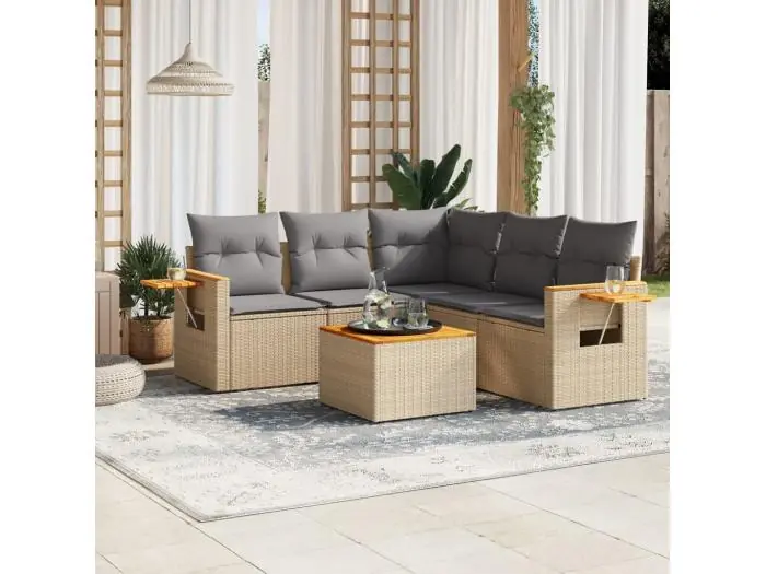 6-delige Loungeset met kussens poly rattan beige