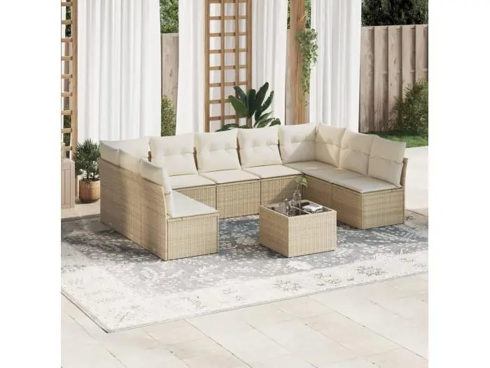 10-delige Loungeset met kussens poly rattan beige