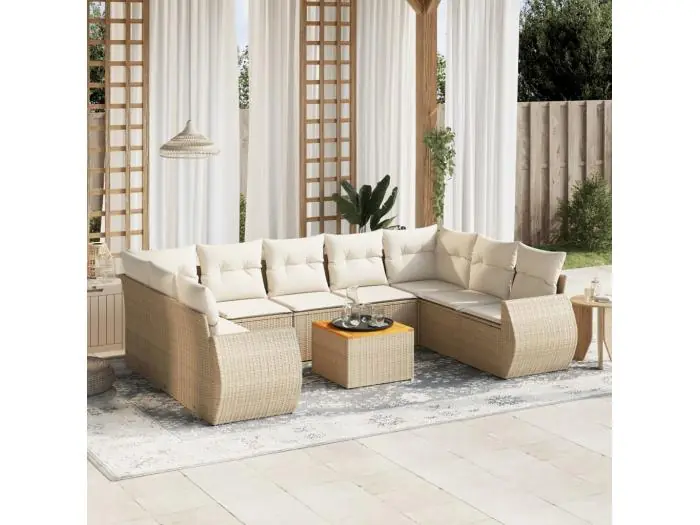 10-delige Loungeset met kussens poly rattan beige