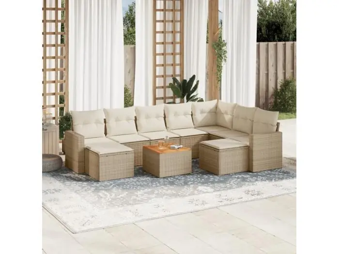 10-delige Loungeset met kussens poly rattan beige