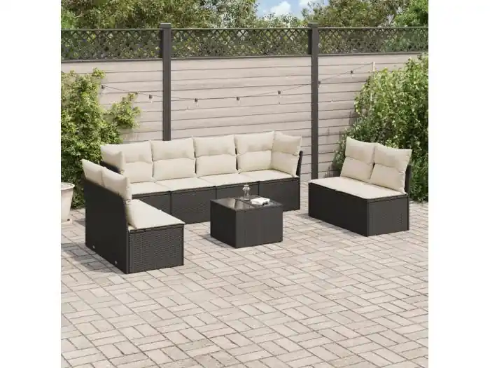 9-delige Loungeset met kussens poly rattan zwart
