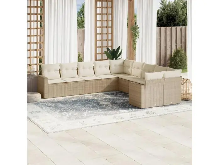 10-delige Loungeset met kussens poly rattan beige