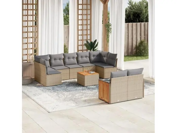 10-delige Loungeset met kussens poly rattan beige