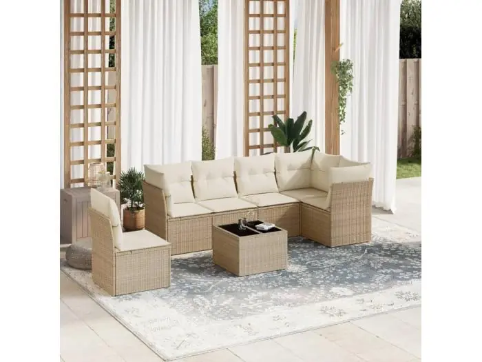 7-delige Loungeset met kussens poly rattan beige