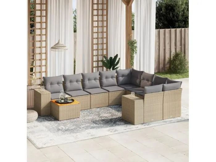 10-delige Loungeset met kussens poly rattan beige