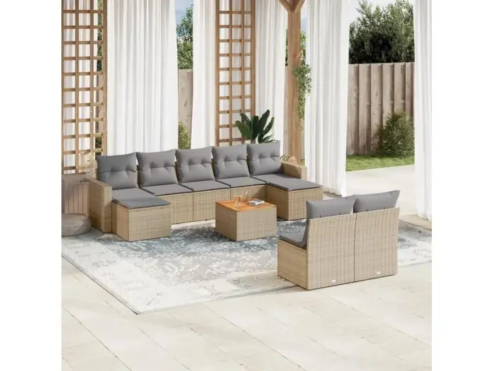 10-delige Loungeset met kussens poly rattan beige
