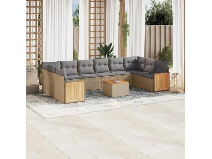 11-delige Tuinset met kussens poly rattan beige
