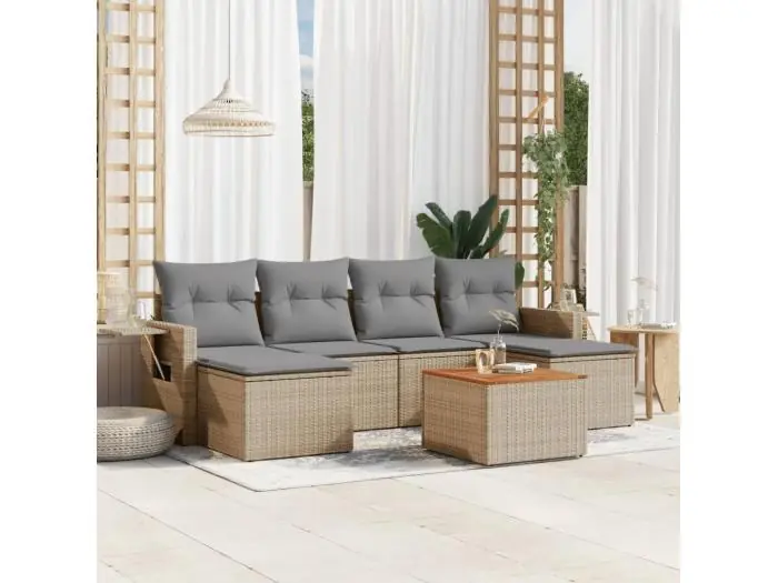 7-delige Loungeset met kussens poly rattan gemengd beige