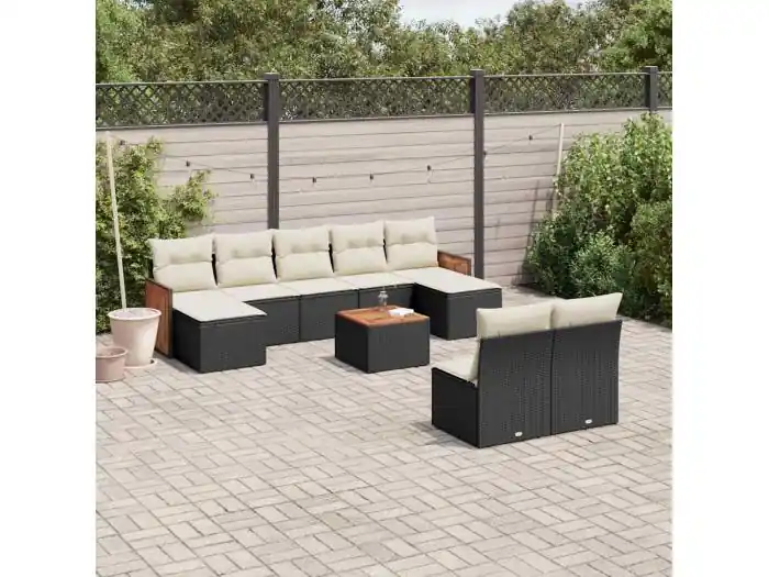 10-delige Loungeset met kussens poly rattan zwart