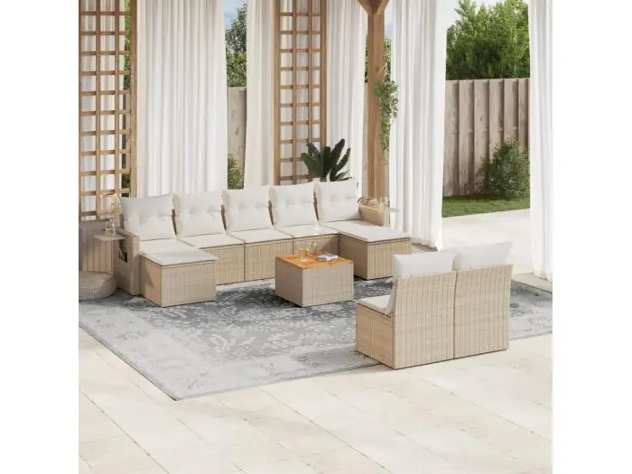 10-delige Loungeset met kussens poly rattan beige