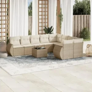 10-delige Loungeset met kussens poly rattan beige