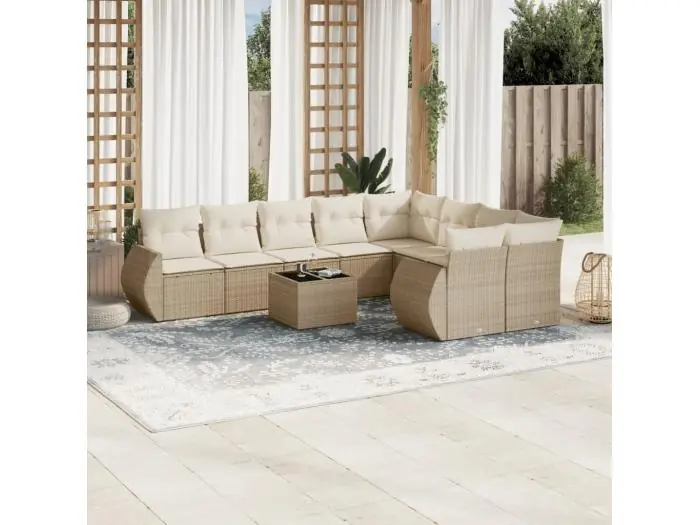 10-delige Loungeset met kussens poly rattan beige