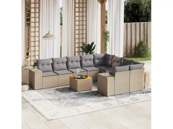10-delige Loungeset met kussens poly rattan beige