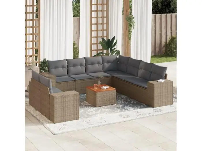 10-delige Loungeset met kussens poly rattan beige