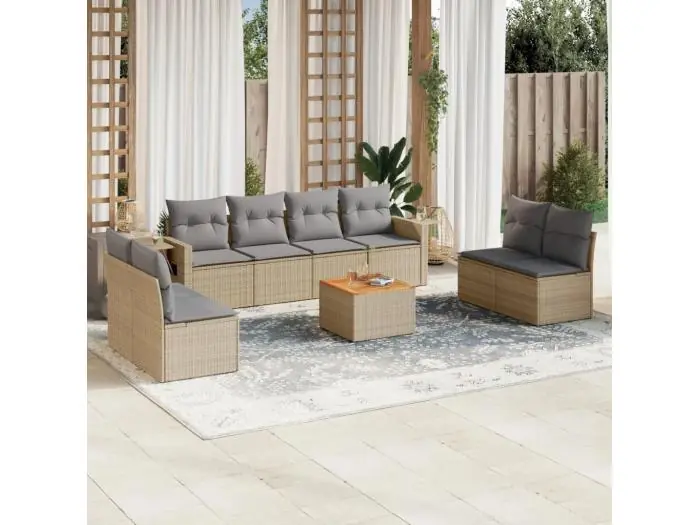 9-delige Loungeset met kussens poly rattan gemengd beige