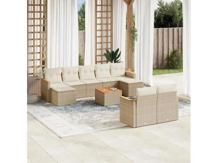 10-delige Loungeset met kussens poly rattan beige