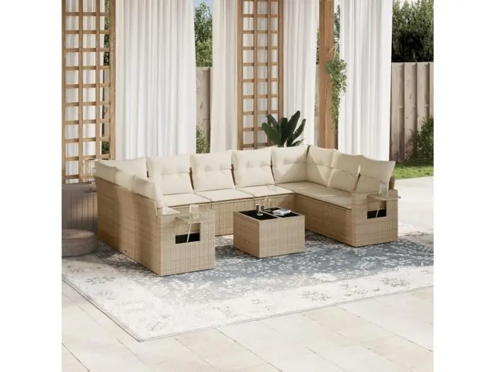 10-delige Loungeset met kussens poly rattan beige