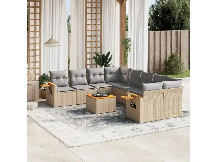 9-delige Loungeset met kussens poly rattan beige